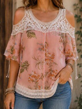 GUESS Sheer cold shoulder Top Lace Pink Multicolor Floral SZ M Boho